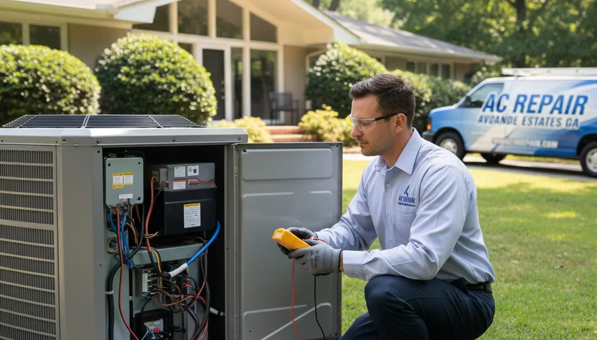 Professional AC repair technician servicing air conditioner unit in Atlanta GA home