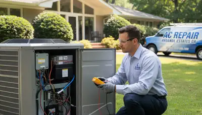 Professional AC repair technician servicing air conditioner unit in Atlanta GA home