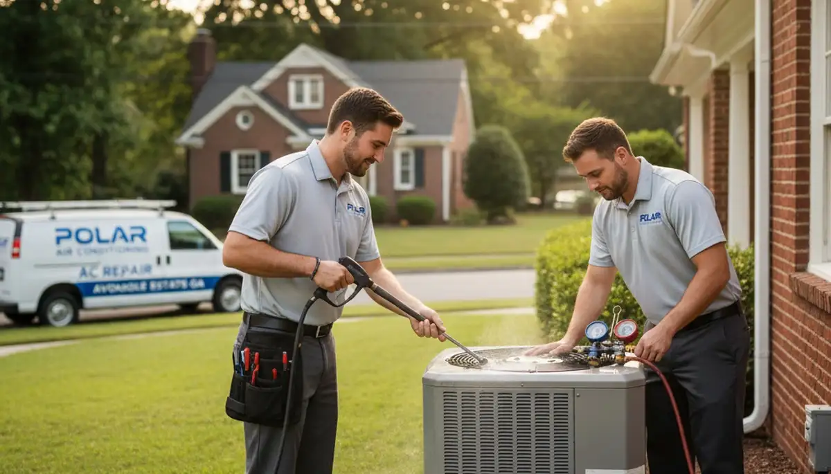 Professional AC repair technician servicing air conditioning unit in Atlanta GA