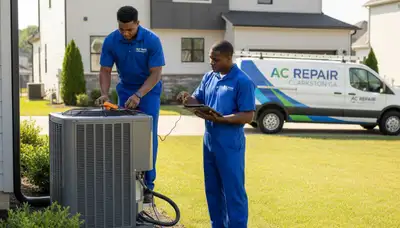 Professional AC repair technician servicing air conditioner unit in Atlanta, GA
