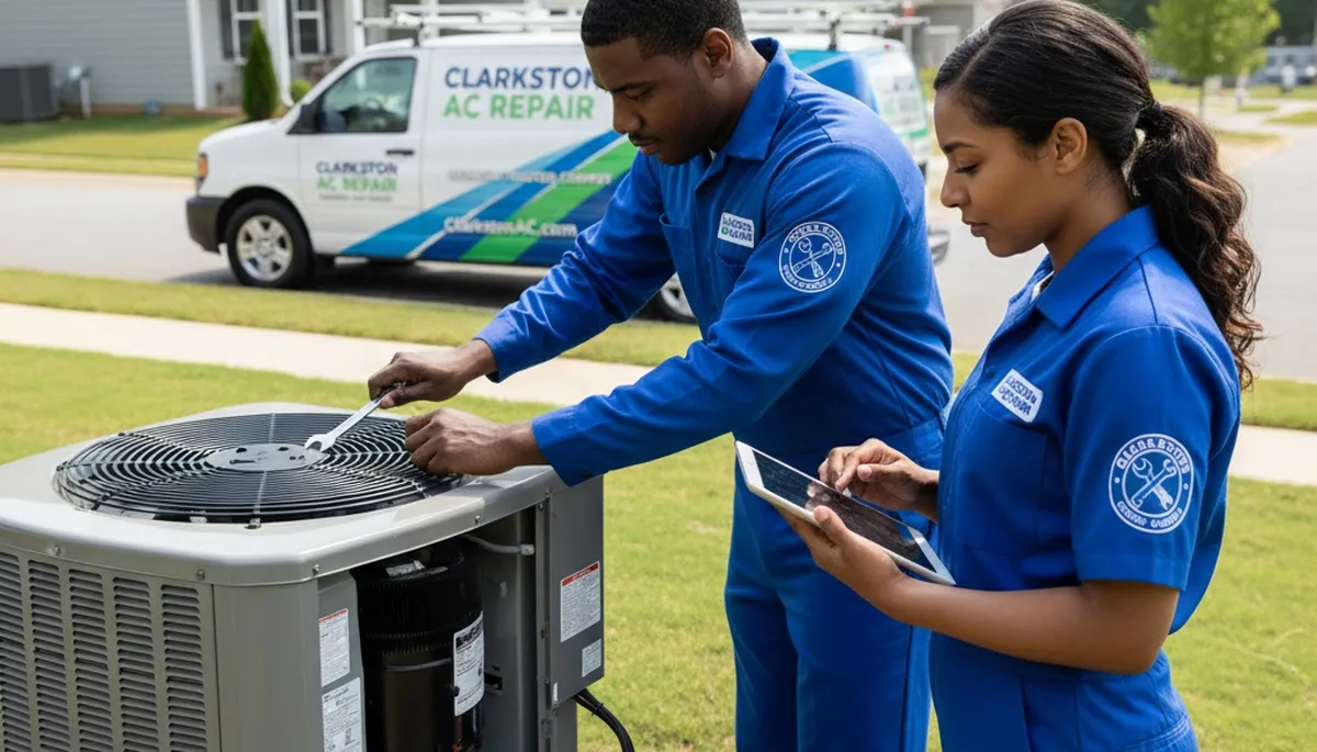 AC repair technician servicing residential cooling unit in Atlanta GA