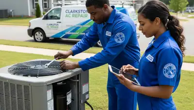 AC repair technician servicing residential cooling unit in Atlanta GA