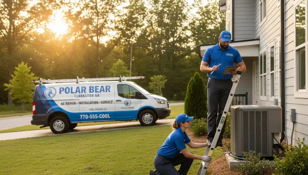 Professional AC repair technician servicing air conditioning unit in Atlanta GA home