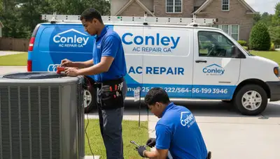 Professional AC repair technician servicing air conditioner unit in Atlanta, GA home