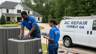 AC repair technician servicing residential HVAC unit in Atlanta GA