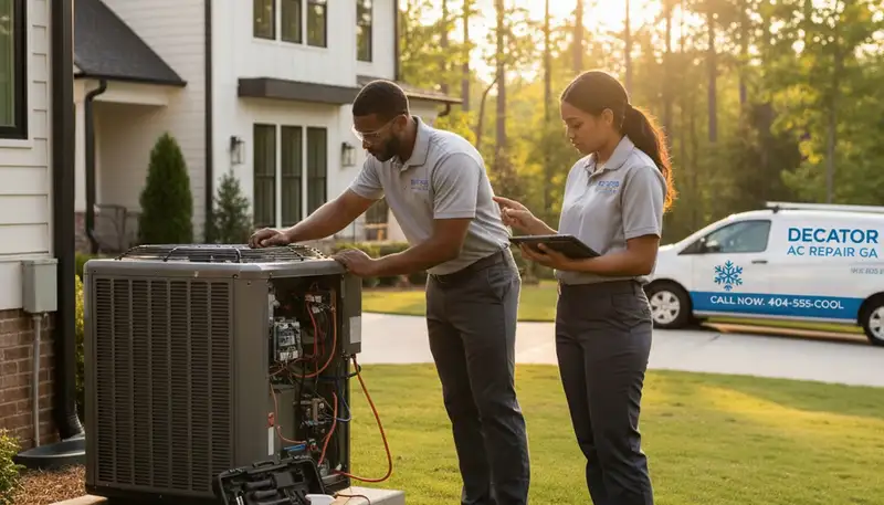 Professional AC repair technician servicing air conditioner unit in Atlanta GA home