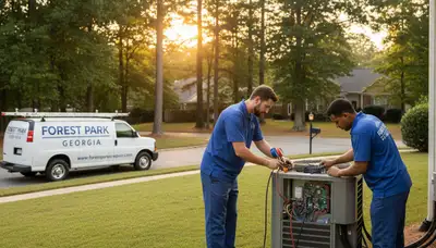 Professional AC repair technician servicing air conditioner unit in Atlanta, GA