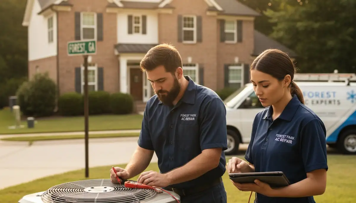Professional AC repair technician servicing air conditioner in Atlanta GA home