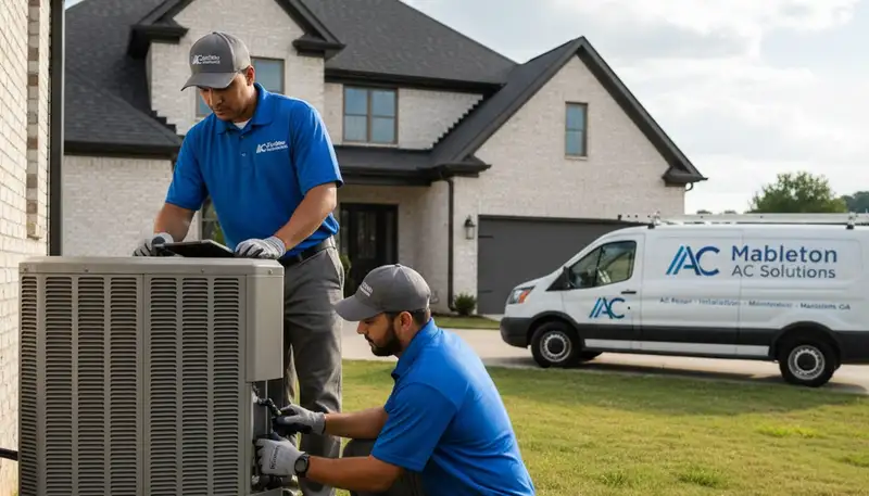 Professional AC repair technician servicing air conditioner unit in Atlanta GA home