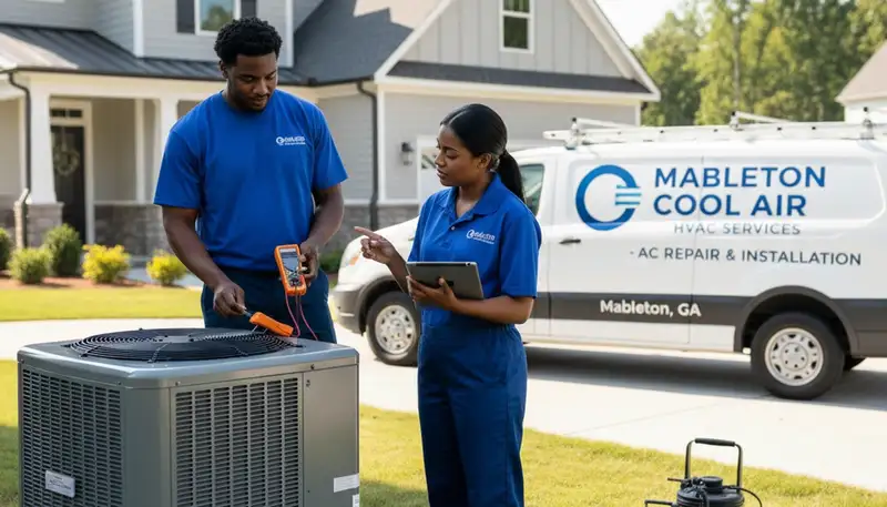 Professional AC repair technician servicing air conditioner unit in Atlanta GA home