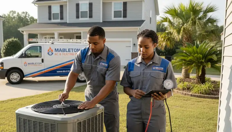 Professional AC repair technician servicing air conditioner in Atlanta GA home