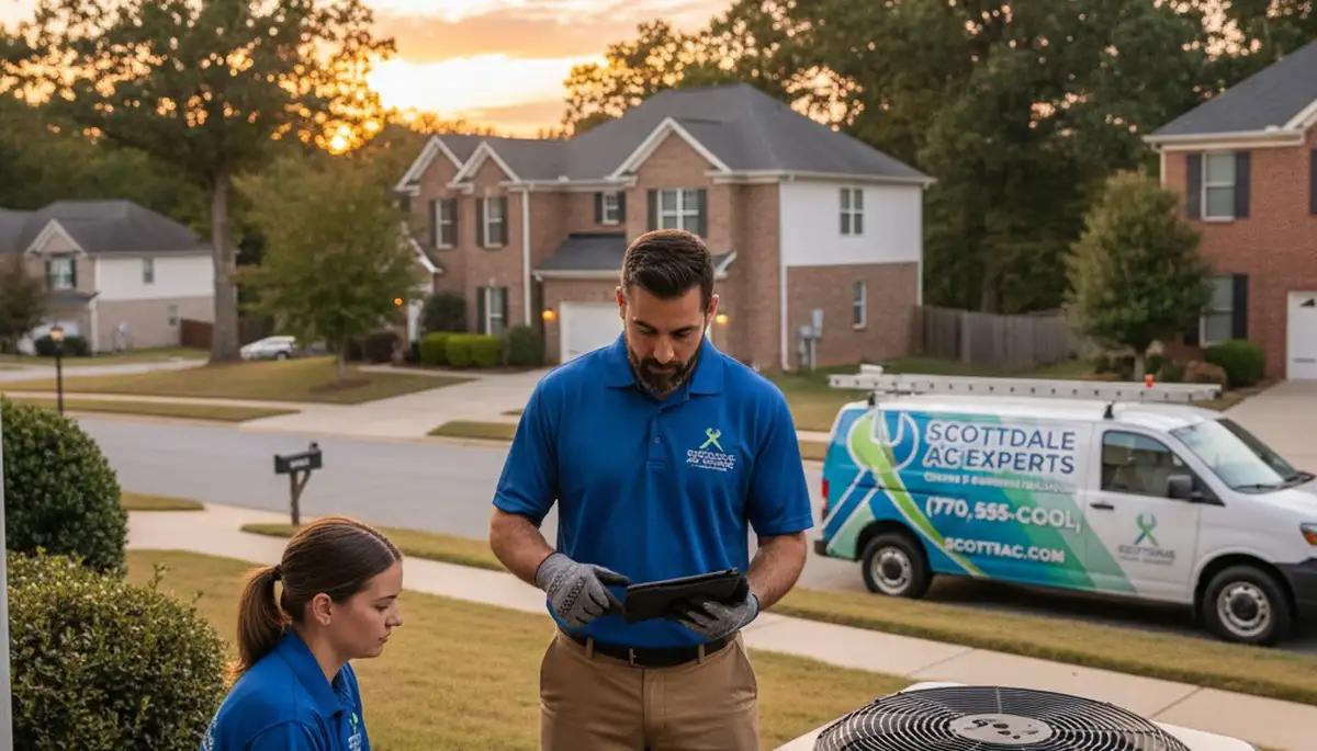 Professional AC repair technician servicing air conditioner unit in Atlanta GA home