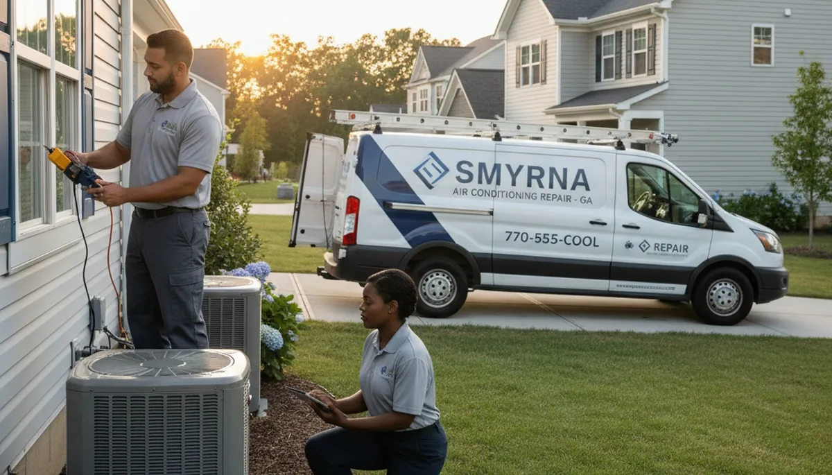 Professional AC repair technician servicing air conditioner unit in Atlanta, GA