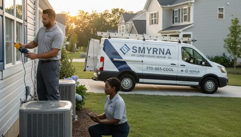 Professional AC repair technician servicing air conditioner unit in Atlanta, GA