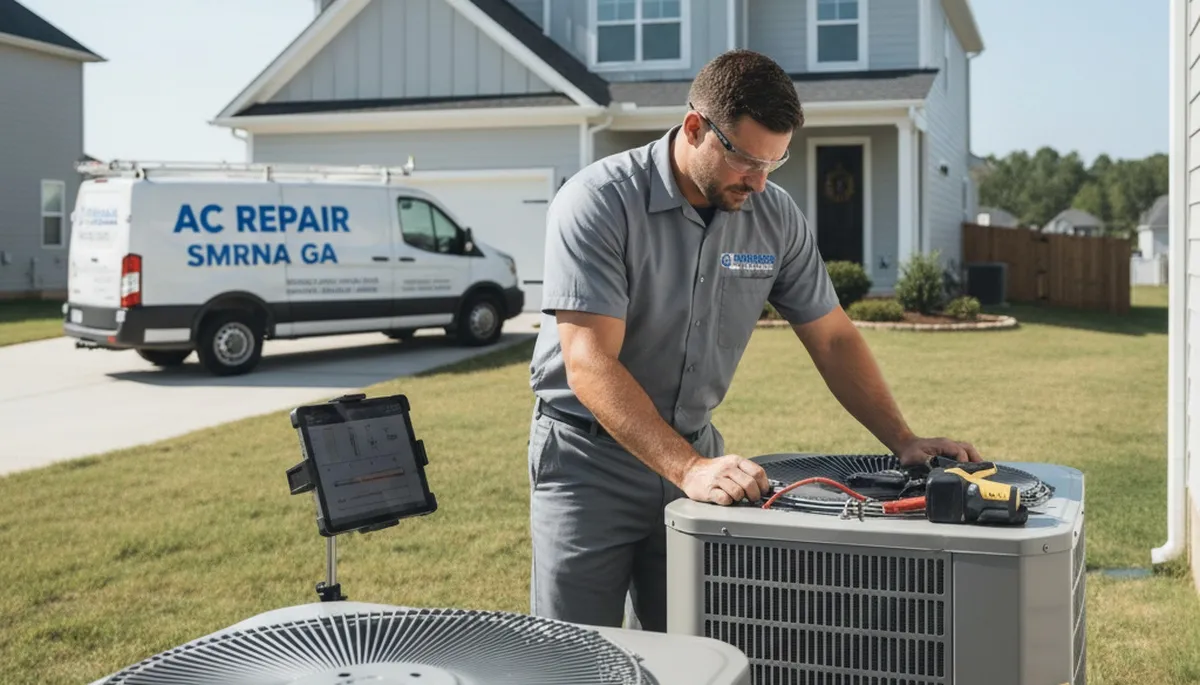 Professional AC repair technician servicing air conditioner unit in Atlanta GA home