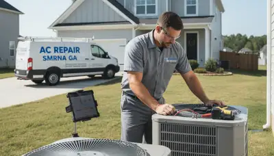 Professional AC repair technician servicing air conditioner unit in Atlanta GA home