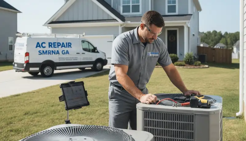 Professional AC repair technician servicing air conditioner unit in Atlanta GA home