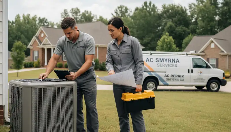 Professional AC repair technician servicing air conditioner unit in Atlanta GA home