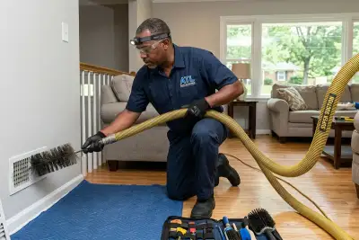 Technician performing professional air duct cleaning with suction equipment in Atlanta, GA home