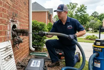 Technician performing professional dryer vent cleaning with equipment at an Atlanta GA home