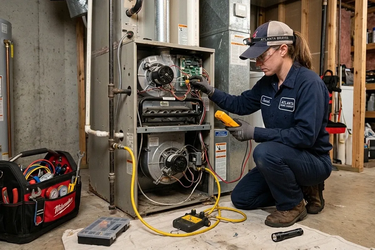 HVAC technician performing furnace repair in Atlanta GA home using professional heating system tools