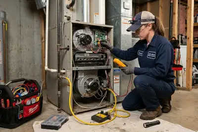 HVAC technician performing furnace repair in Atlanta GA home using professional heating system tools