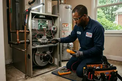 Technician performing residential furnace repair in Atlanta GA for professional heating service
