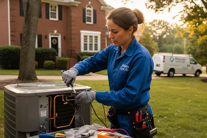 HVAC technician performing professional AC repair at Atlanta home to restore cooling system efficiency
