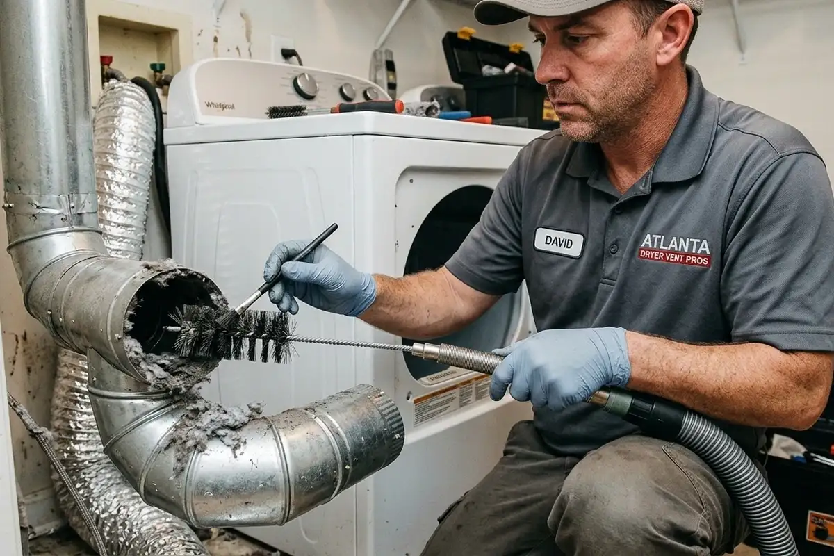 Atlanta HVAC technician performing detailed dryer vent cleaning for improved airflow and safety