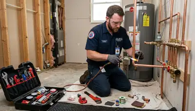 Atlanta HVAC technician performing expert plumbing repair and installation at local residential property