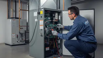 Technician repairing residential furnace unit in Atlanta GA for Five Star Cooling heating service