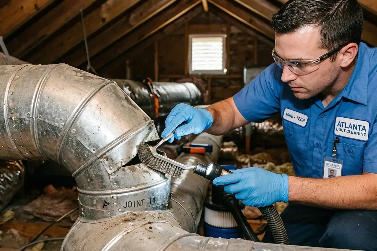 Technician cleaning air ducts with precision tools at Atlanta GA home | Professional AC repair and HVAC service