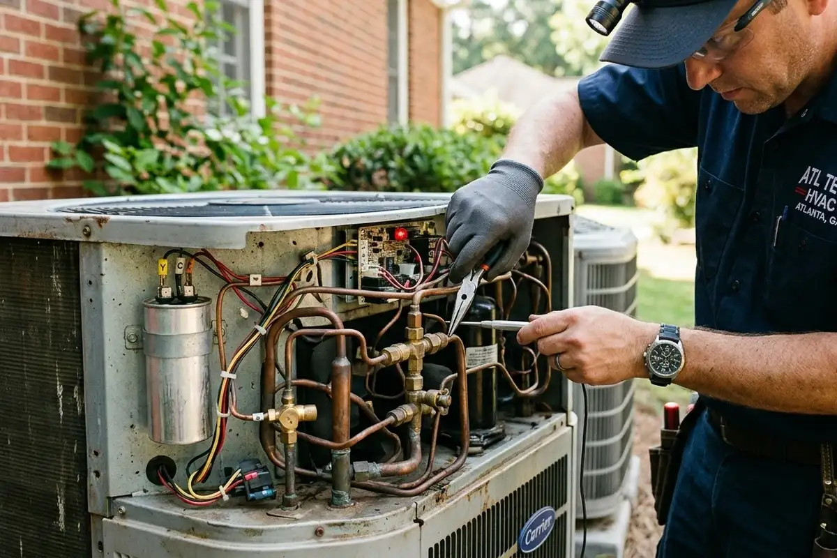 Technician performing detailed AC component repair at Atlanta GA home for reliable cooling system service