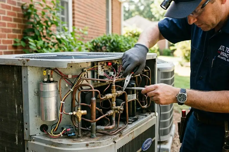 Technician performing detailed AC component repair at Atlanta GA home for reliable cooling system service