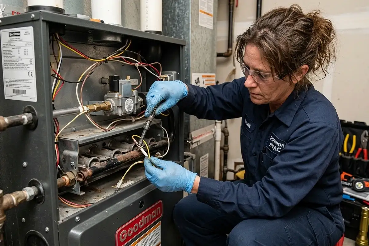 Technician performing precise furnace component repair for reliable heating in Atlanta, GA