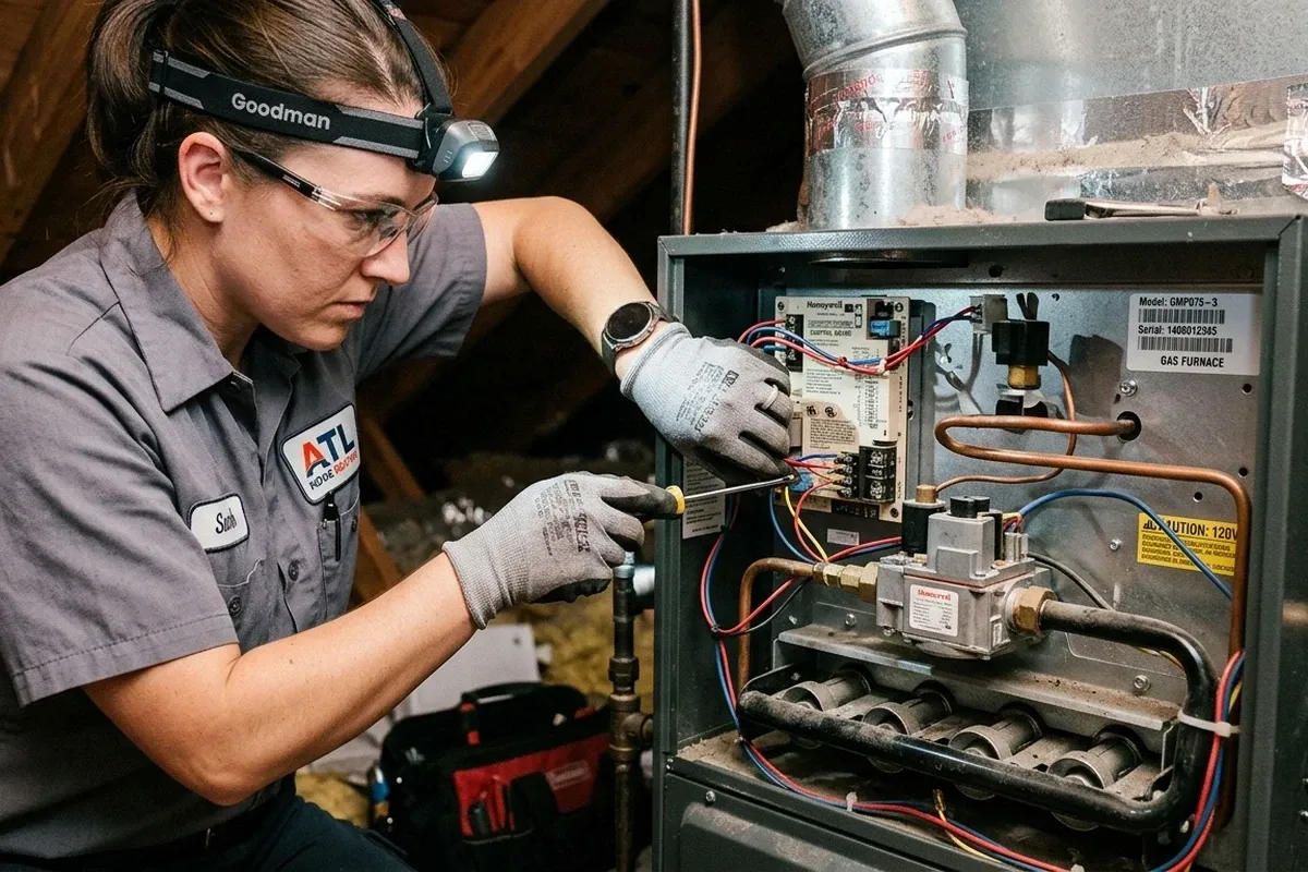 Technician performing precise furnace repair at Atlanta, GA home for expert heating system service