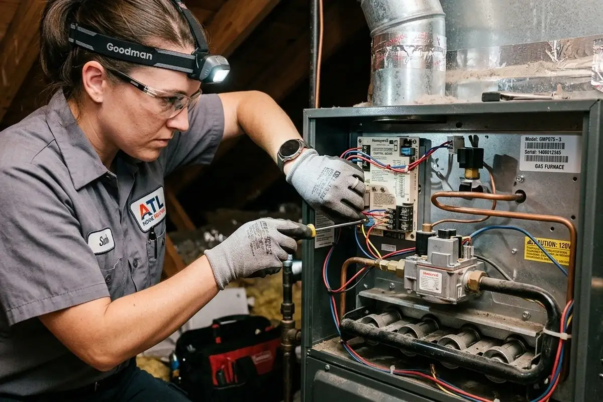 Technician performing precise furnace repair at Atlanta, GA home for expert heating system service