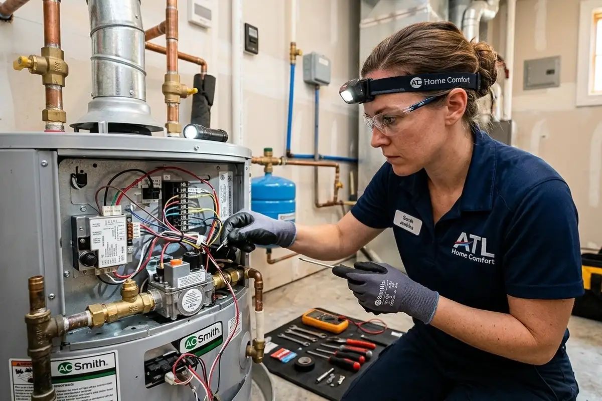 Technician performing precise water heater repair in Atlanta GA home for expert HVAC service
