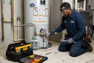 Atlanta HVAC technician performing professional water heater repair service in Atlanta, GA home