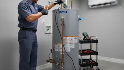 Technician repairing residential water heater in Atlanta GA for Five Star Cooling HVAC service